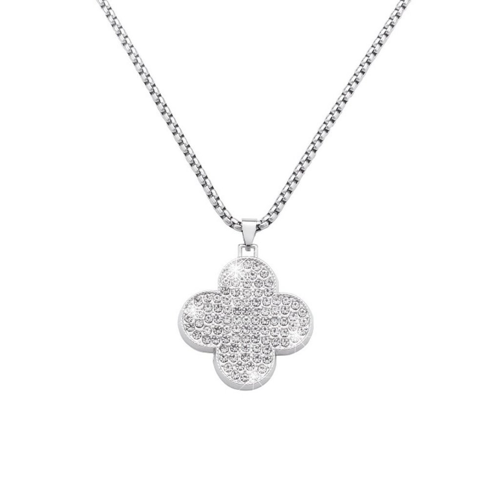 Silver Tone Four-leaf Clover CZ Stone Pendant Chain Necklace